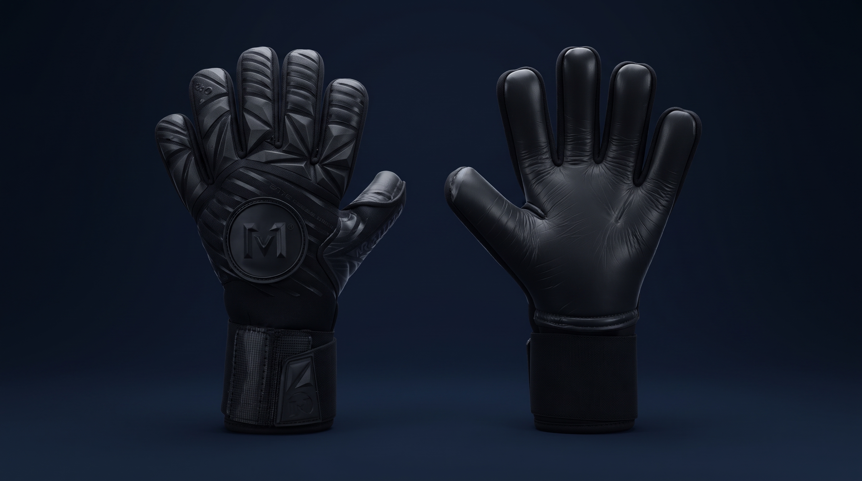 Black goalkeeper gloves on a dark navy background.