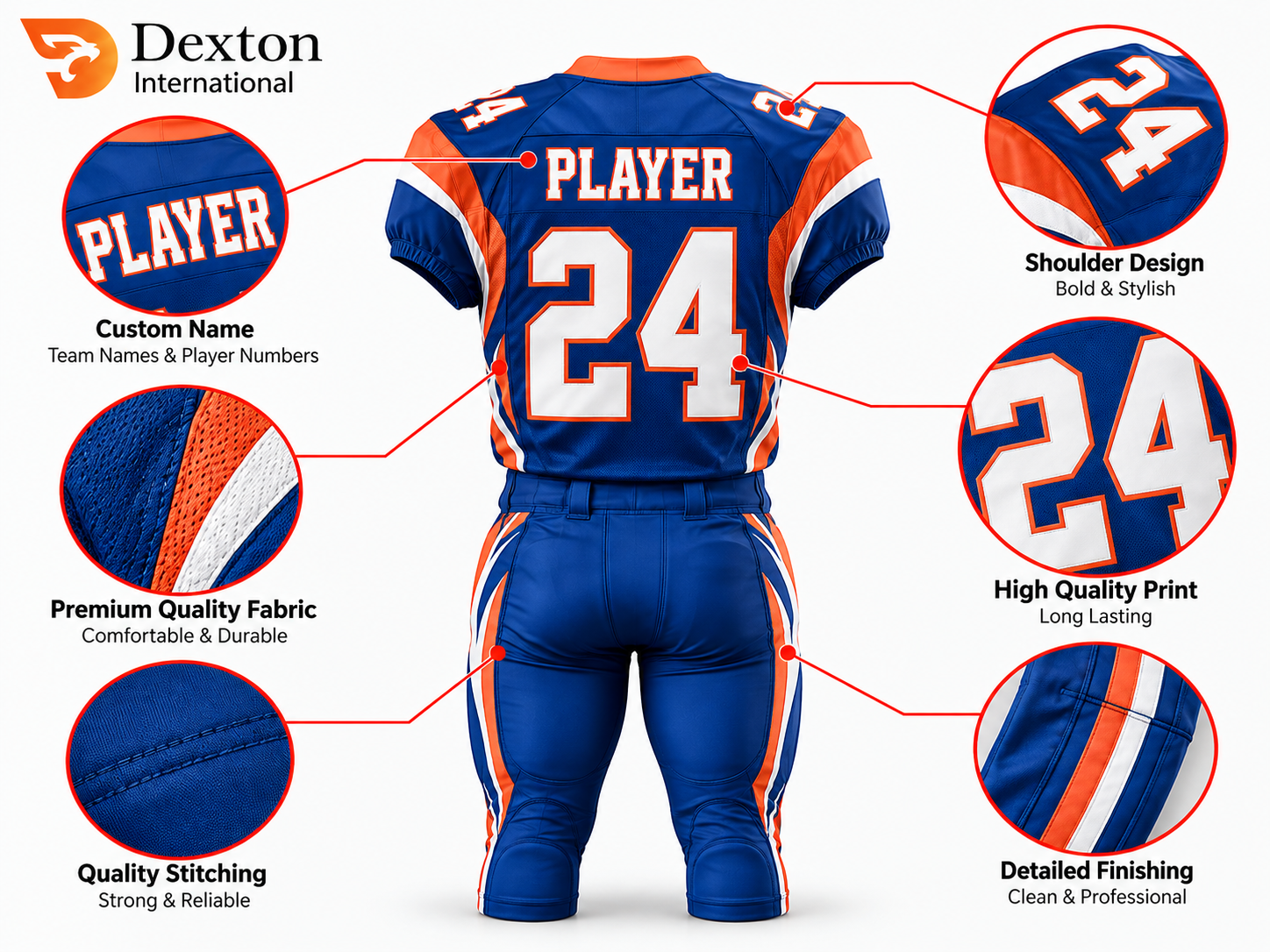 Back view of blue and orange American football uniform with custom player name, number 24 and matching pants.