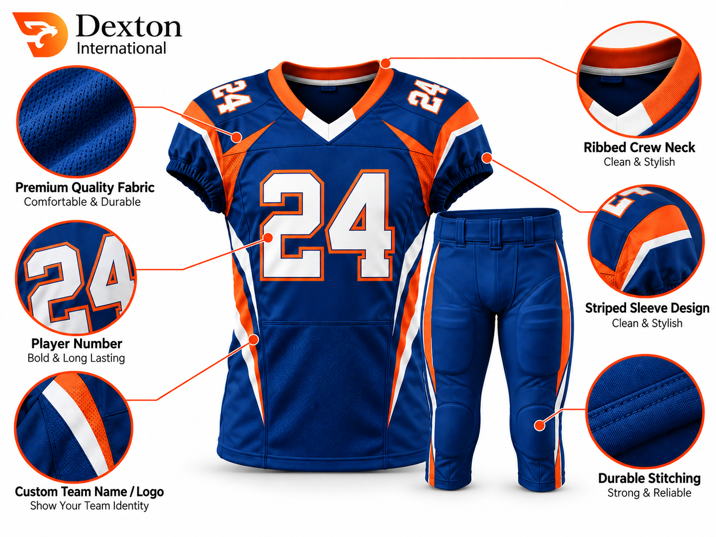 Front view of blue and orange American football uniform with number 24 jersey and matching pants