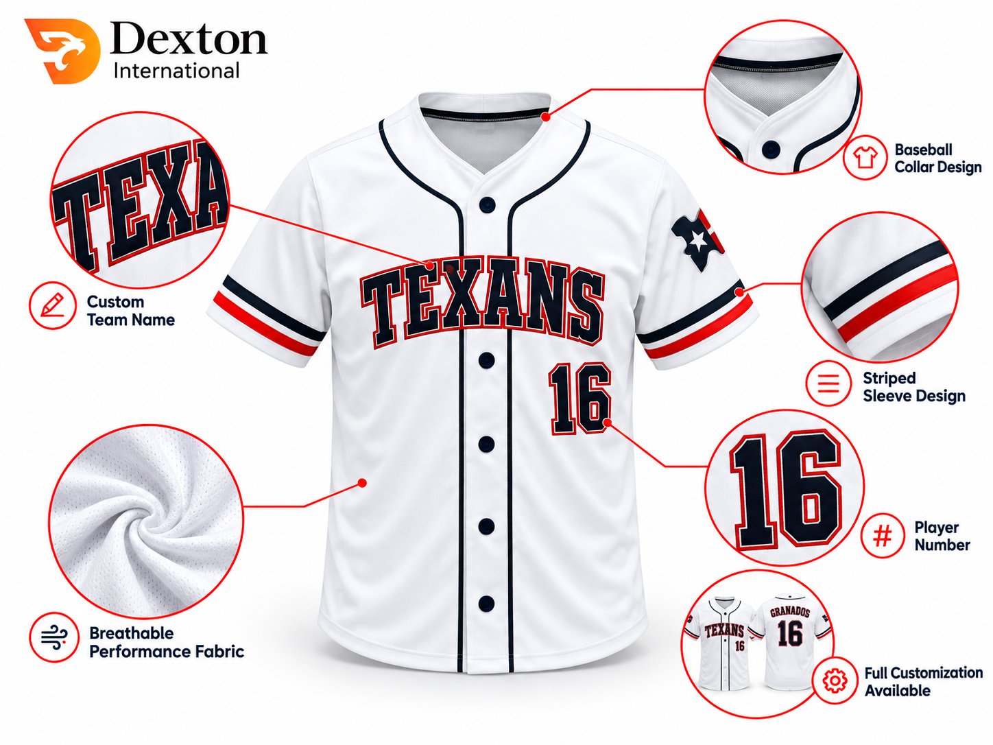 White navy and red custom baseball jersey shown from front