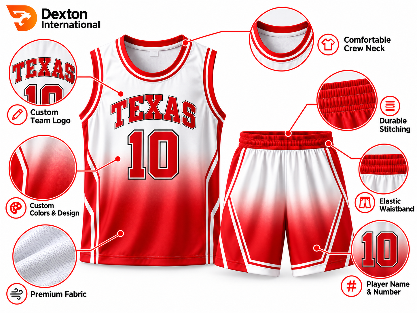Custom red and white basketball uniform showing premium fabric, crew neck, stitching, elastic waistband and customization options