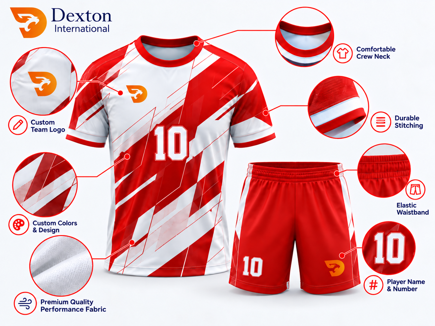Red and white football uniform showing front