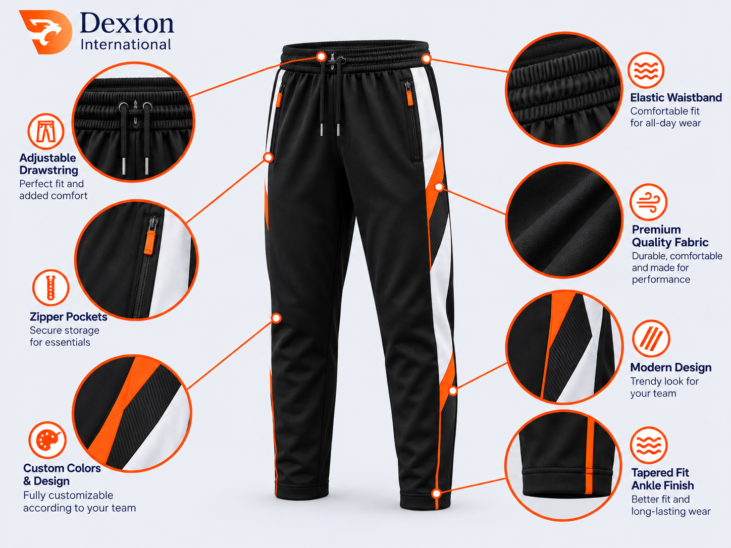 Custom tracksuit trousers showing waistband pockets fabric and design details