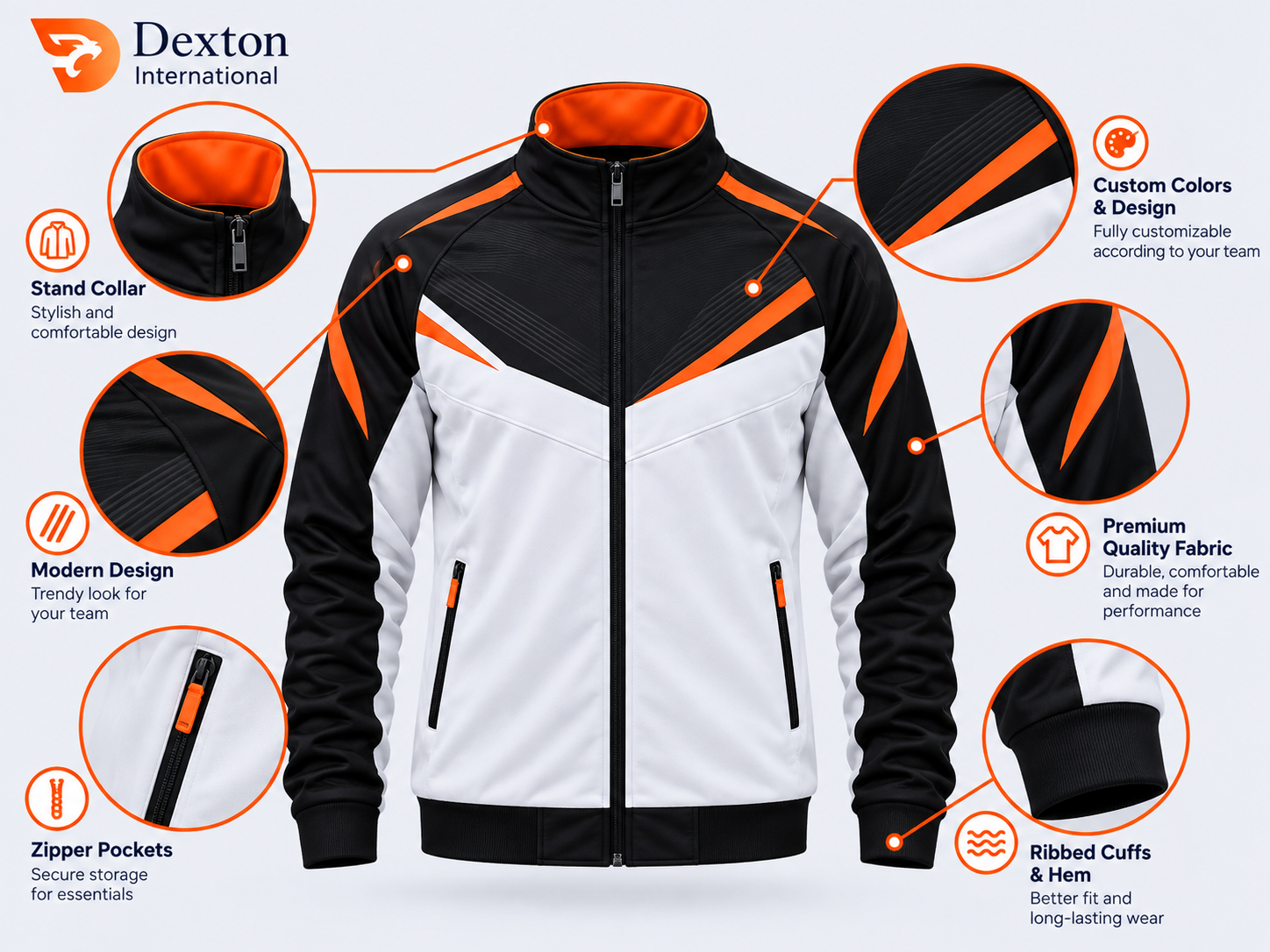Custom tracksuit jacket showing collar pockets fabric and design details